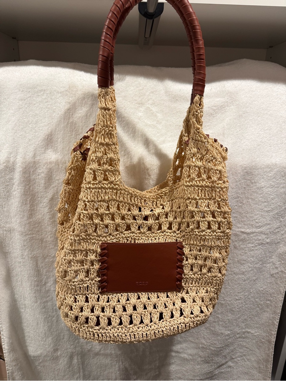 BCBG Crochet Straw Tote with Brown Faux Leather Trim